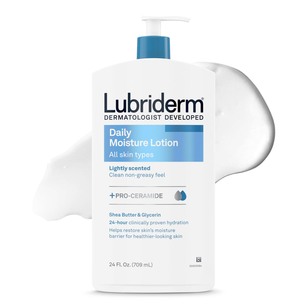 Lubriderm front bottle showing brand and 24 fl oz size, clear product view and benefit