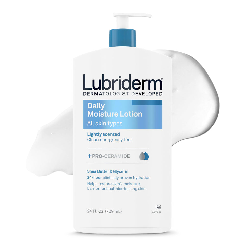 Lubriderm front bottle showing brand and 24 fl oz size, clear product view and benefit