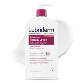 Lubriderm front view of pump bottle showing unscented lotion, quick moisturization