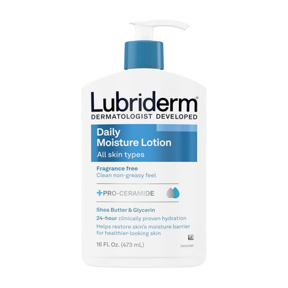 Lubriderm front packaging showing 16 fl oz bottle and clear labeling for daily hydration