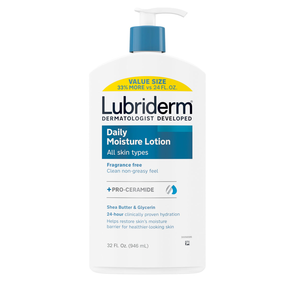 Lubriderm front packaging 32 oz bottle showing product and pump for convenient daily use