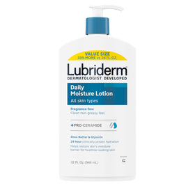 Lubriderm front packaging 32 oz bottle showing product and pump for convenient daily use