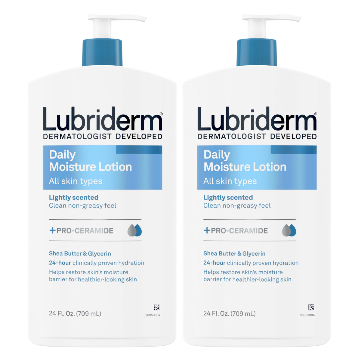 Lubriderm front packaging with pumps showing twin pack convenience and quick dispensing
