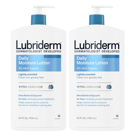 Lubriderm front packaging with pumps showing twin pack convenience and quick dispensing