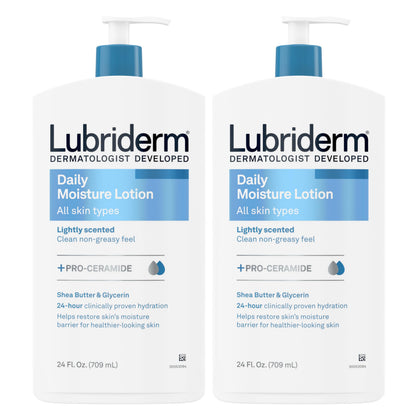 Lubriderm front packaging with pumps showing twin pack convenience and quick dispensing