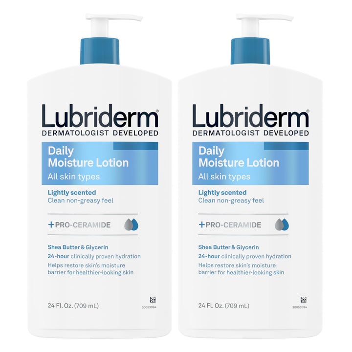 Lubriderm front packaging with pumps showing twin pack convenience and quick dispensing