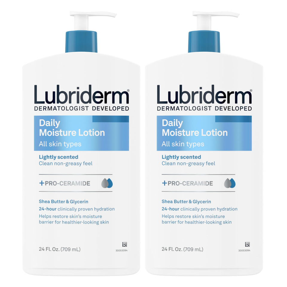Lubriderm front packaging with pumps showing twin pack convenience and quick dispensing