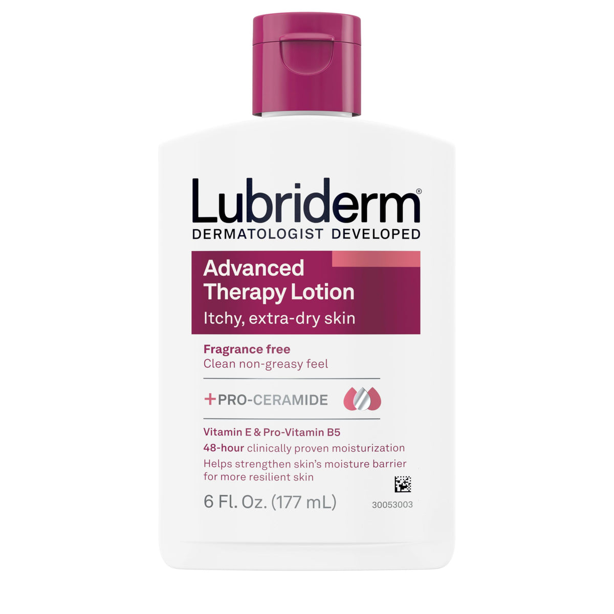 Lubriderm bottle front packaging showing product and unscented benefit