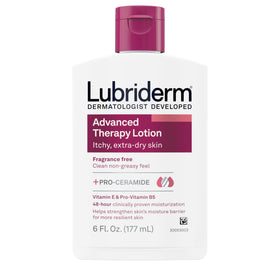 Lubriderm bottle front packaging showing product and unscented benefit
