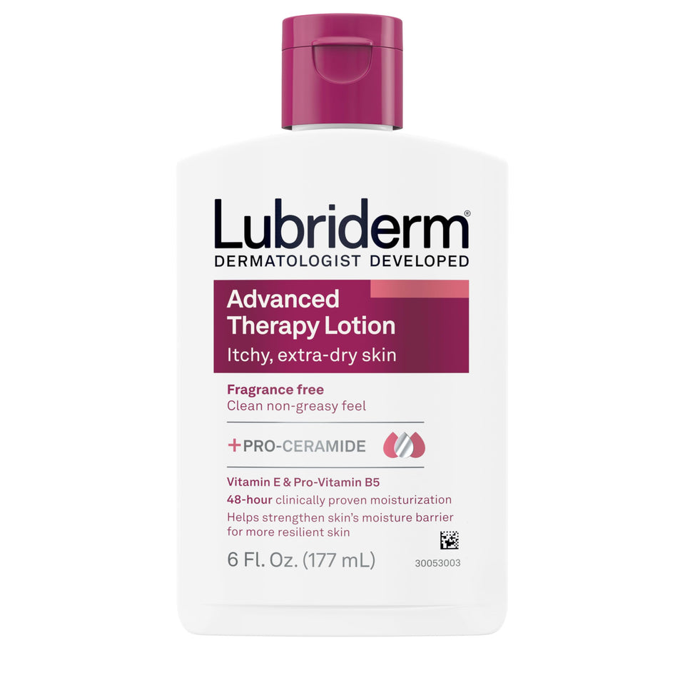 Lubriderm bottle front packaging showing product and unscented benefit