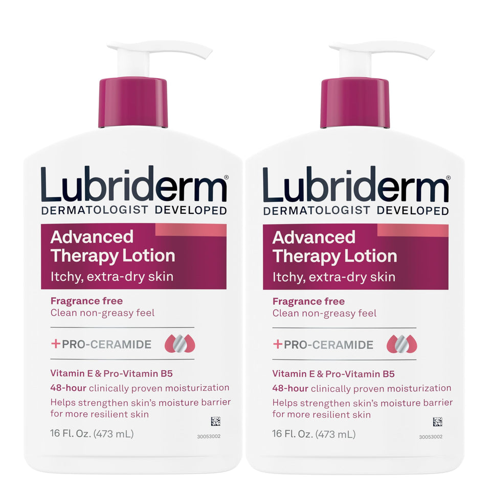 Lubriderm front packaging showing bottle and label, clear product identification and reassurance
