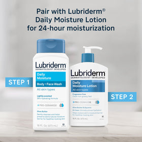 Shower scene with Lubriderm for full body cleansing and hydration