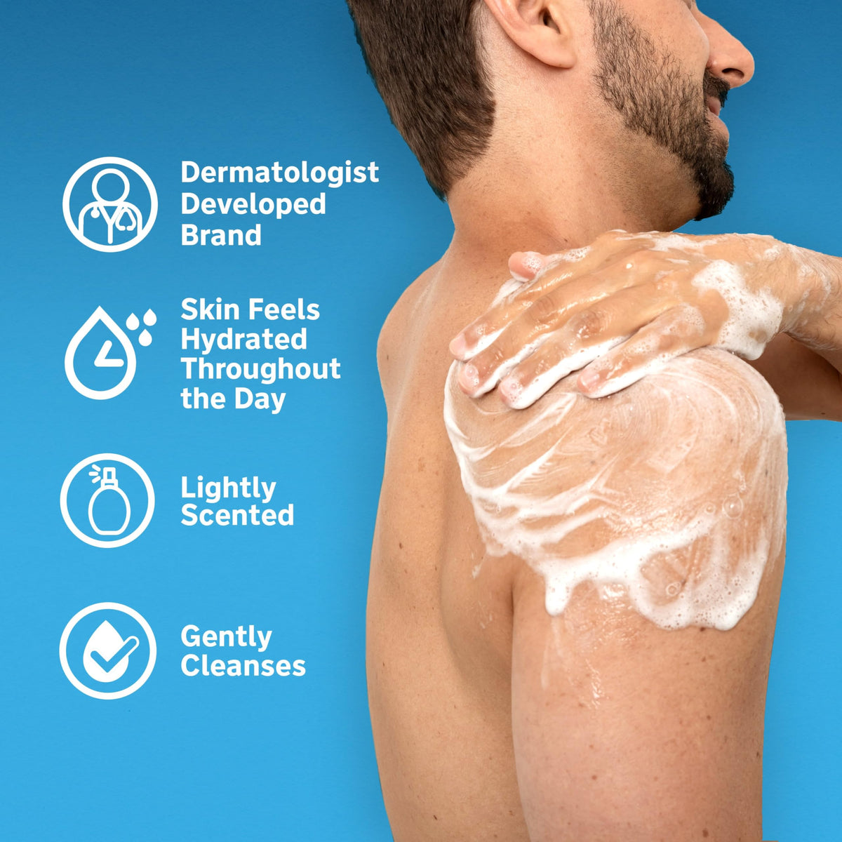 Person using Lubriderm on face for mild cleansing and moisture support