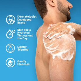 Person using Lubriderm on face for mild cleansing and moisture support