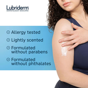 Lubriderm label and ingredient list close-up showing pro-ceramide, shea butter, glycerin benefits