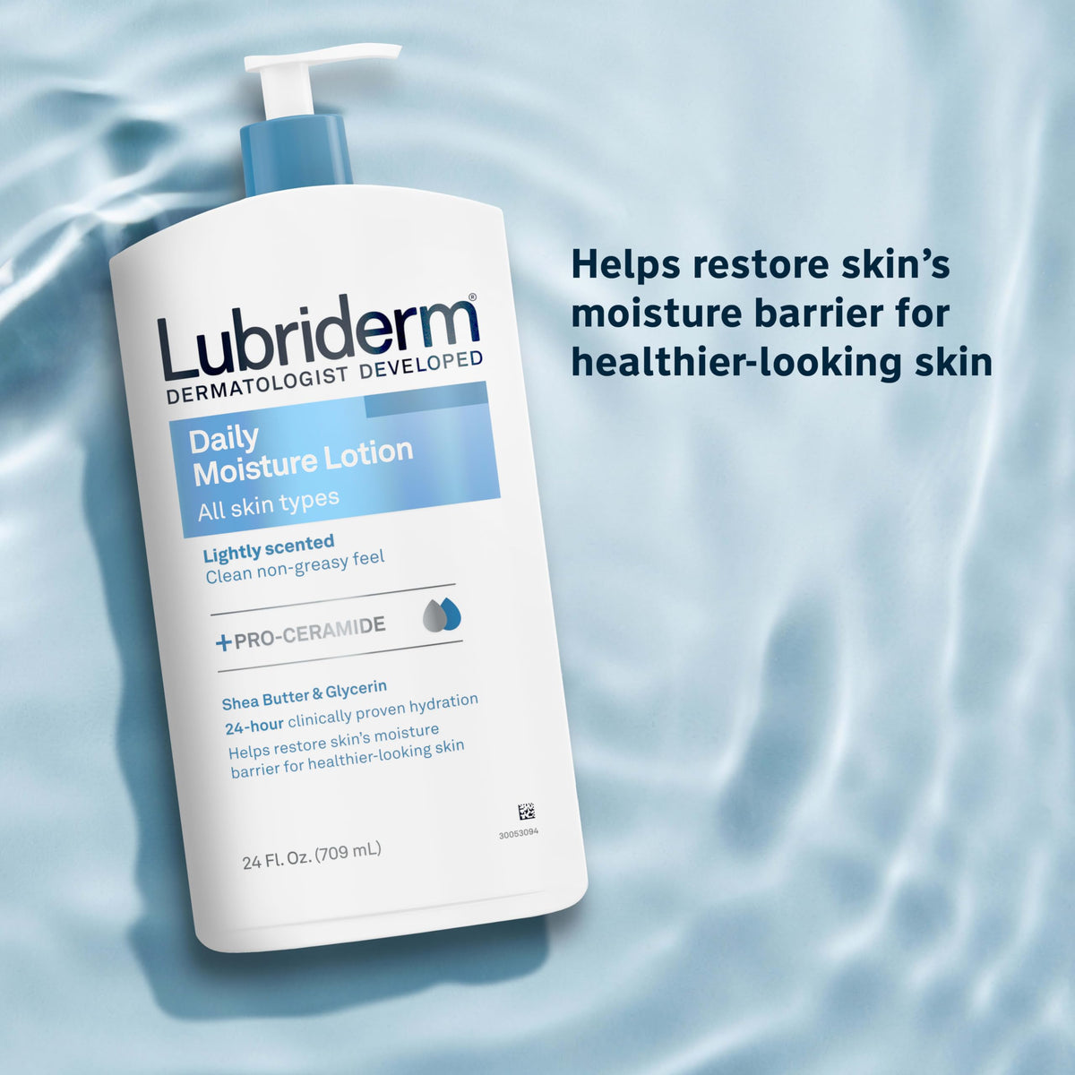Lubriderm dispensing from pump onto hand, brand demonstrating easy application and quick absorption