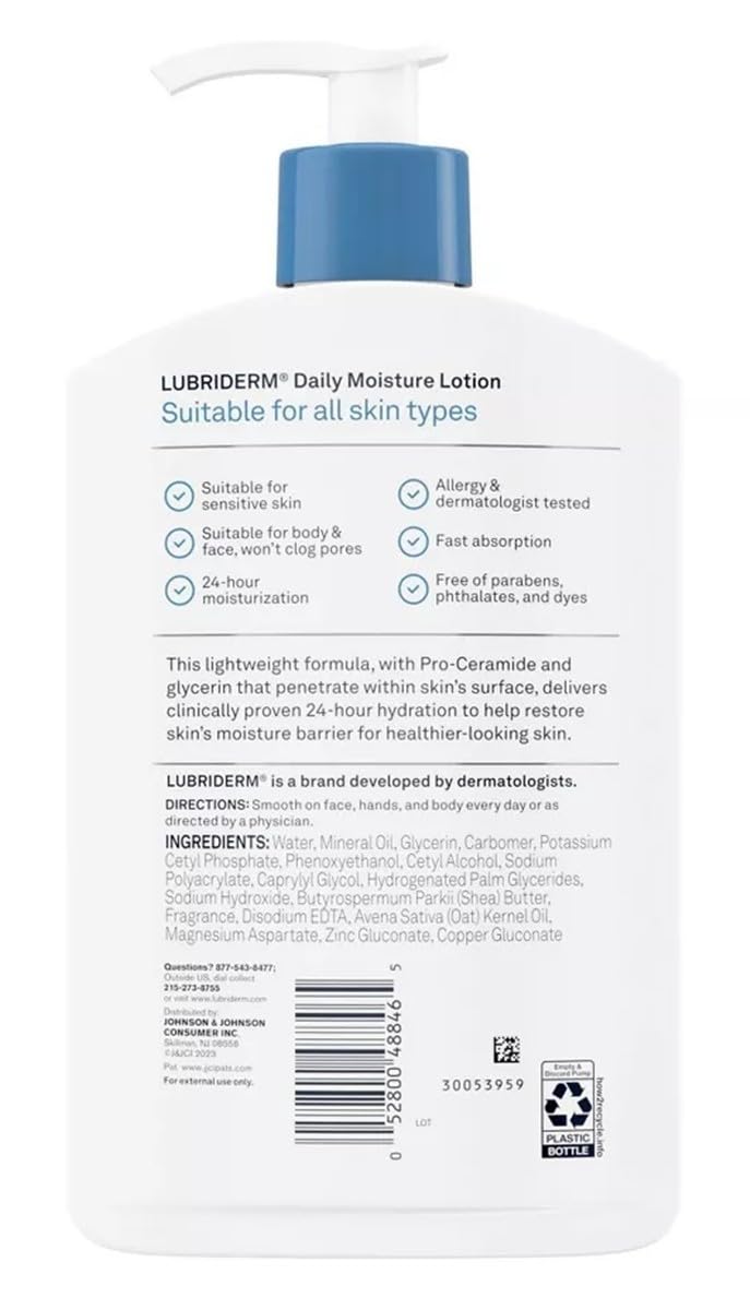 lubriderm pump in use on hand demonstrating fast-absorbing, non-greasy moisturizing benefit