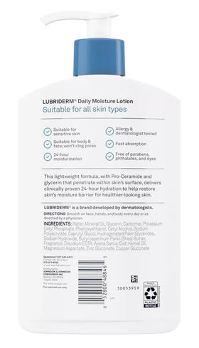 lubriderm pump in use on hand demonstrating fast-absorbing, non-greasy moisturizing benefit