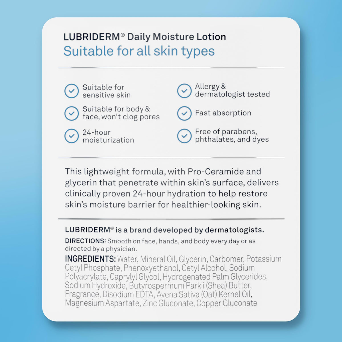 Lubriderm shea butter and glycerin close-up, brand emphasizing natural emollient and humectant benefits