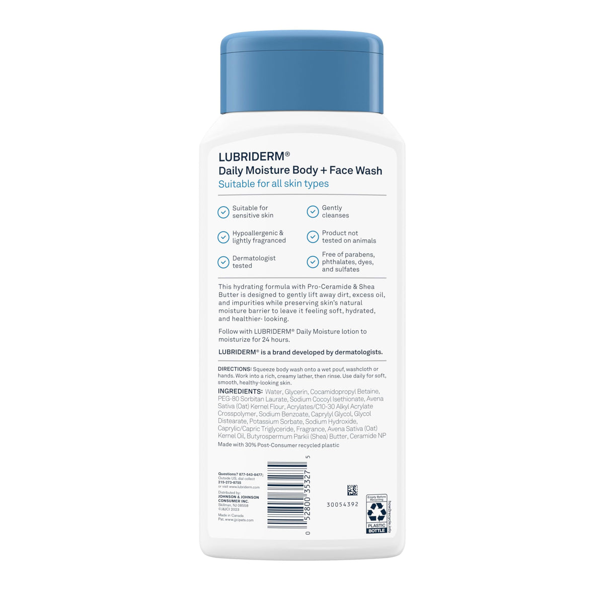 Size comparison of Lubriderm bottle next to hand to show 16 fl oz