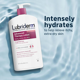 Lubriderm lotion texture close-up, non-greasy hydration visible