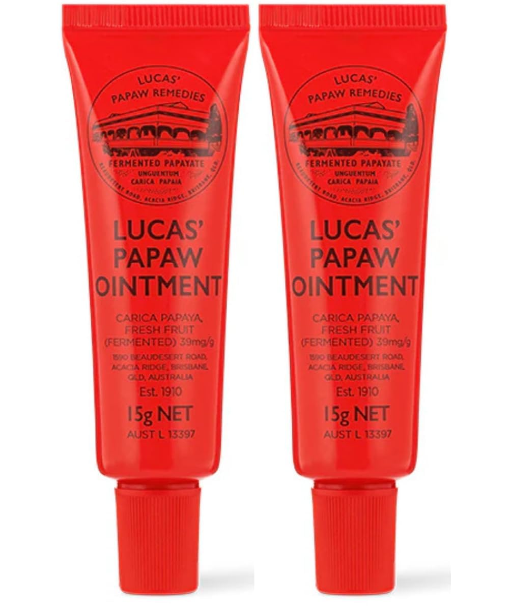Lucas Papaw front packaging showing two 15g tubes and applicator, brand soothing protection