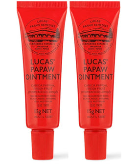 Lucas Papaw front packaging showing two 15g tubes and applicator, brand soothing protection
