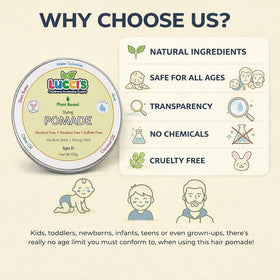 LUCCI’S CHILDRENS GROOMING SUPPLY label close-up listing natural ingredient highlights