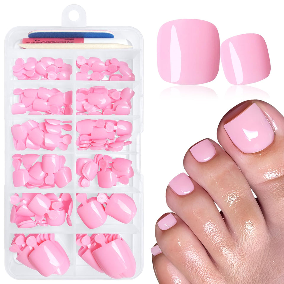 LuckForever front packaging showing 168 pink press-on toenails and tools for easy pedicures