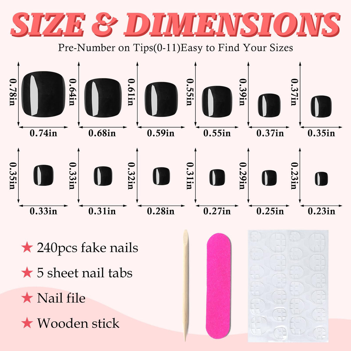 LuckForever layout of 12 sizes of black toe tips for perfect fit
