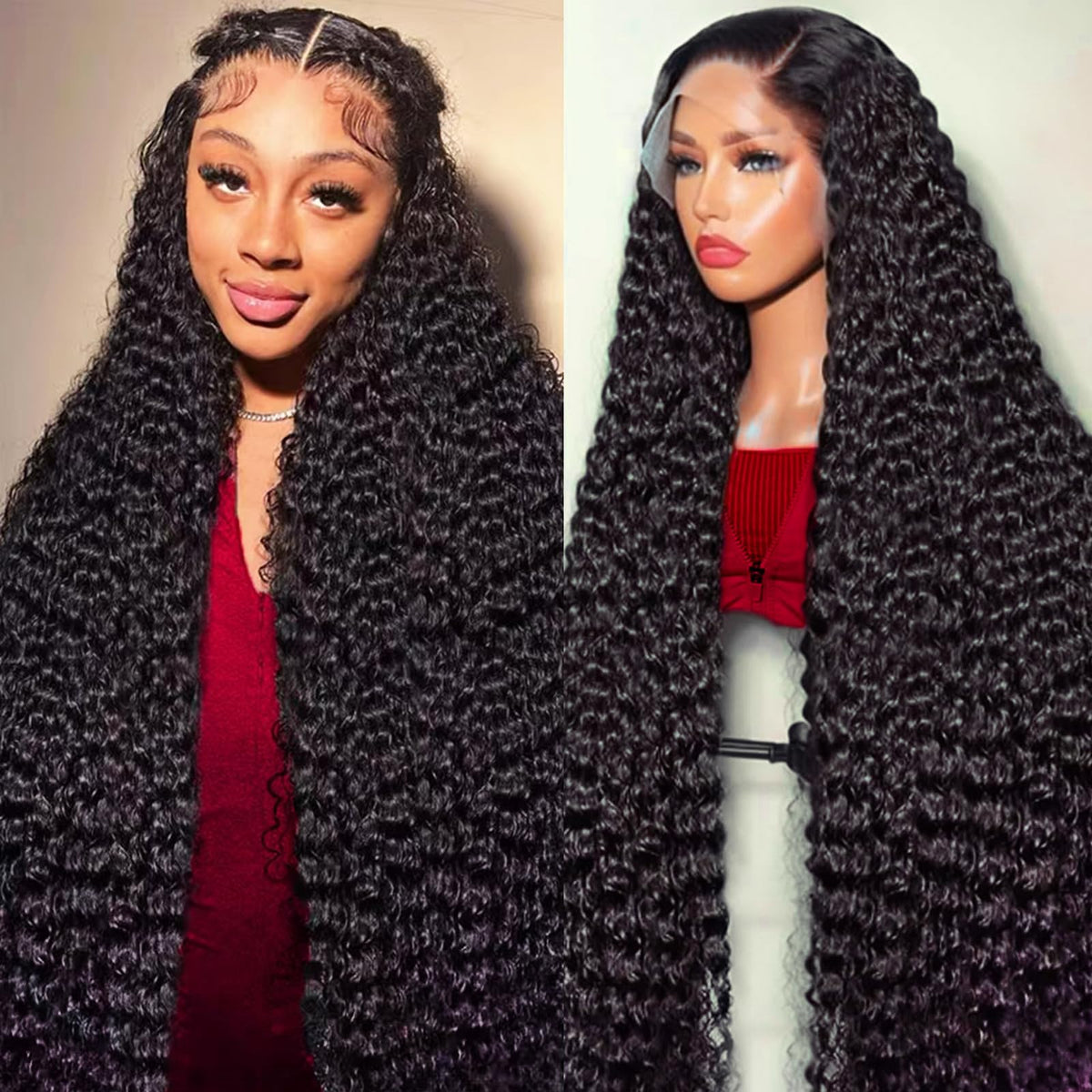 Lucksee front view 30-inch deep wave wig showing full-length volume and shine