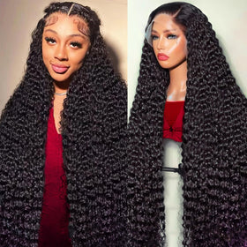 Lucksee front view 30-inch deep wave wig showing full-length volume and shine