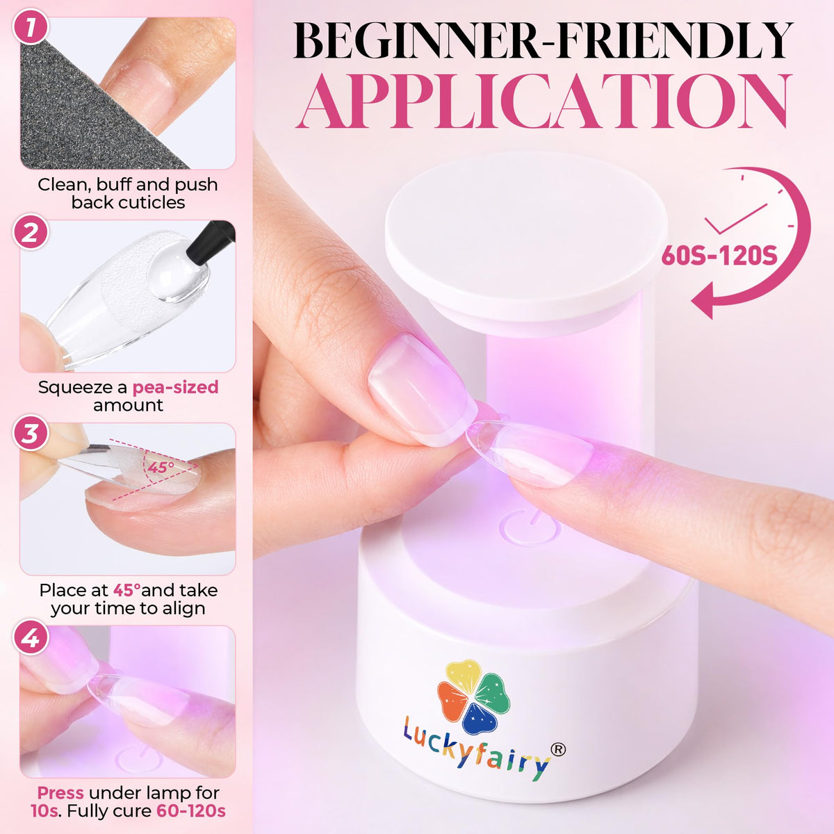 Luckyfairy application on nail tip illustrating easy spread and positioning benefit