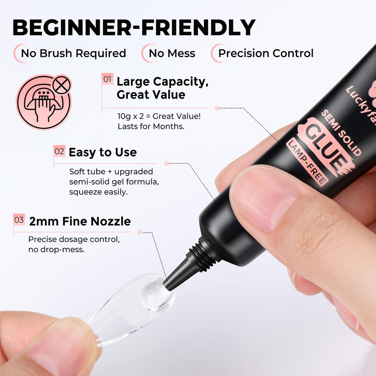 luckyfairy applicator tip detail for accurate glue placement and clean results