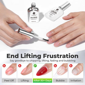 Luckyfairy primer bottle close-up highlighting acid-free formula and gentle bond