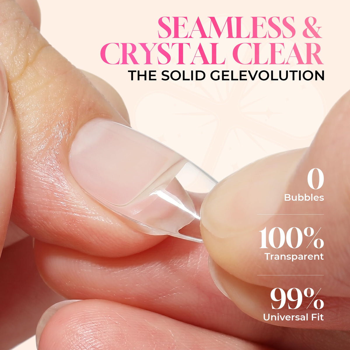 Luckyfairy cured finish on an acrylic extension showing crystal-clear long-lasting bond