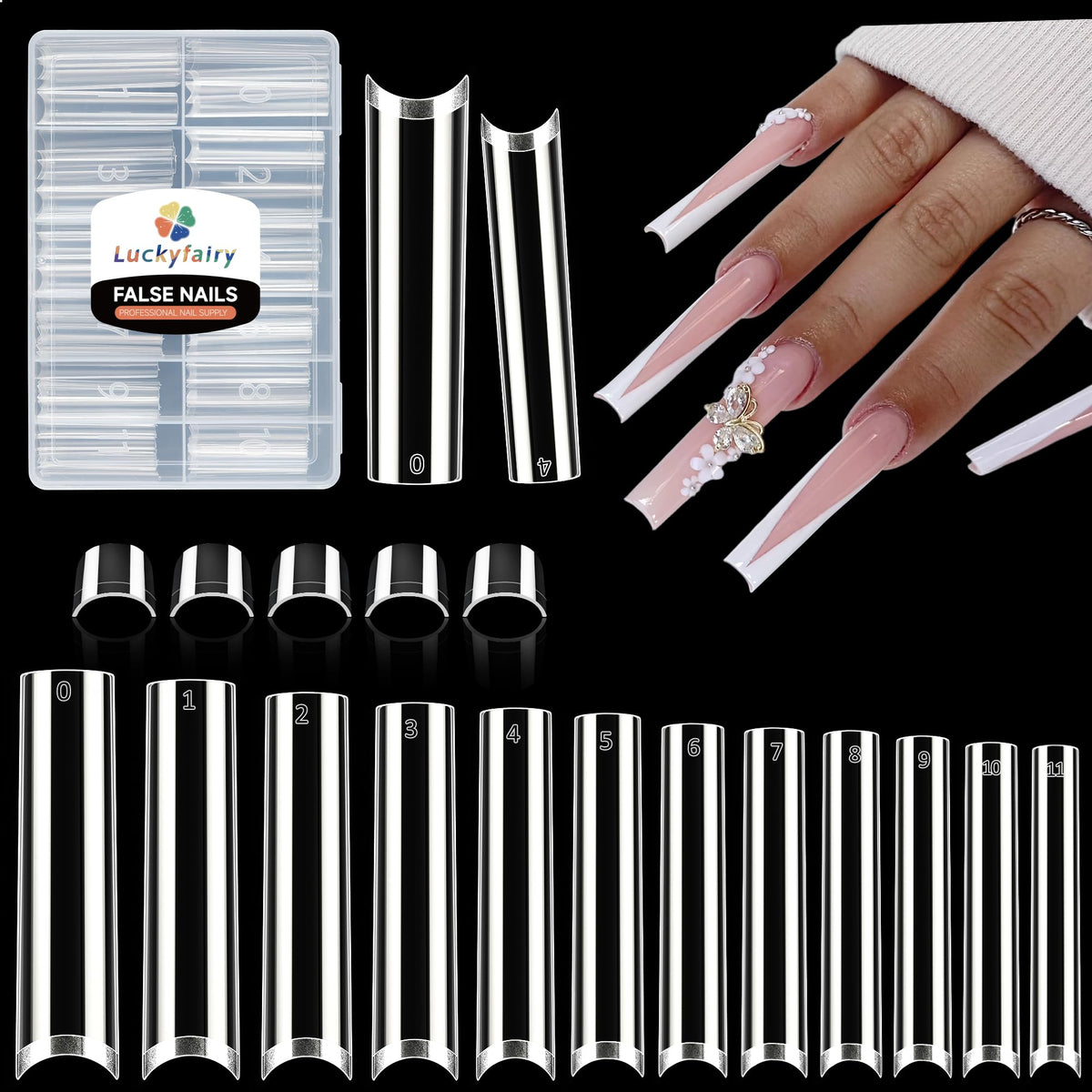 Luckyfairy front packaging of 240 clear long square tips shows contents and benefit: ready-to-use set