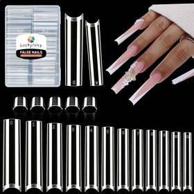 Luckyfairy front packaging of 240 clear long square tips shows contents and benefit: ready-to-use set