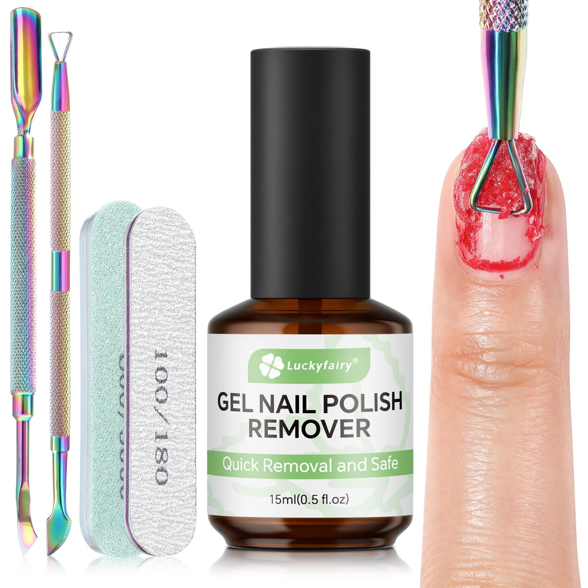 Luckyfairy kit front packaging showing complete remover set and tools for quick gel removal