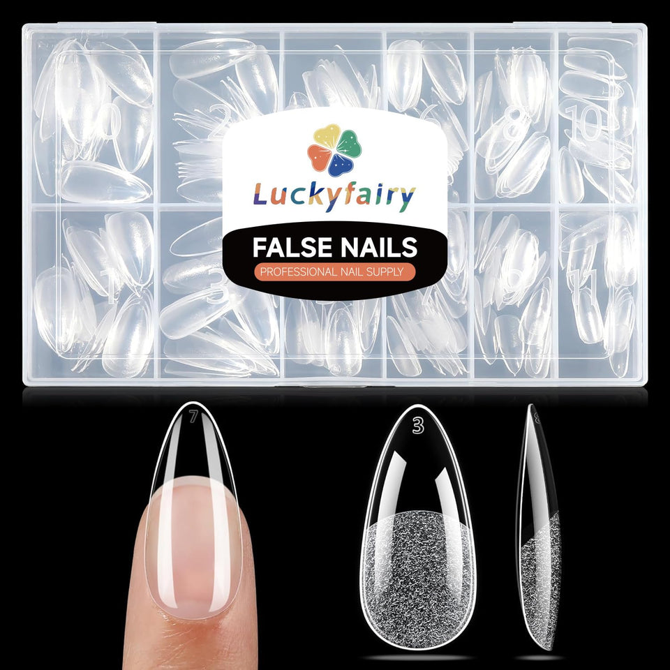 Luckyfairy front packaging showing 240 medium almond tips and benefits