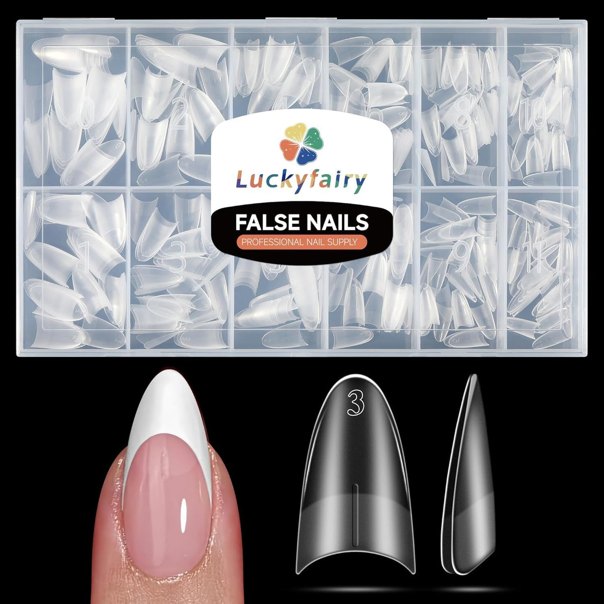 Luckyfairy front packaging showing 360 medium almond tips and quick overview benefit