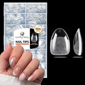 Luckyfairy front packaging showing full 504-piece almond nail kit and contents benefit