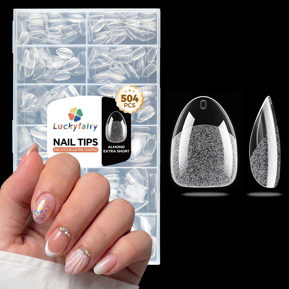 Luckyfairy front packaging showing full 504-piece almond nail kit and contents benefit