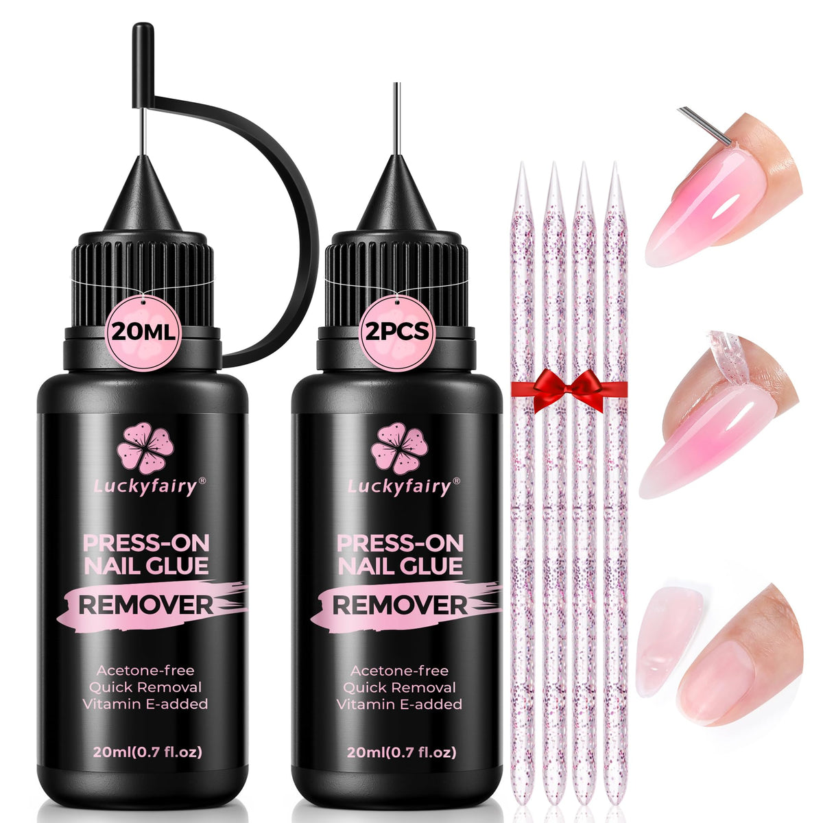 Luckyfairy front packaging showing two 20ml bottles and tools, promotes compact convenience
