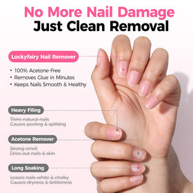 Luckyfairy label ingredients closeup displays acetone-free, nourishing benefits