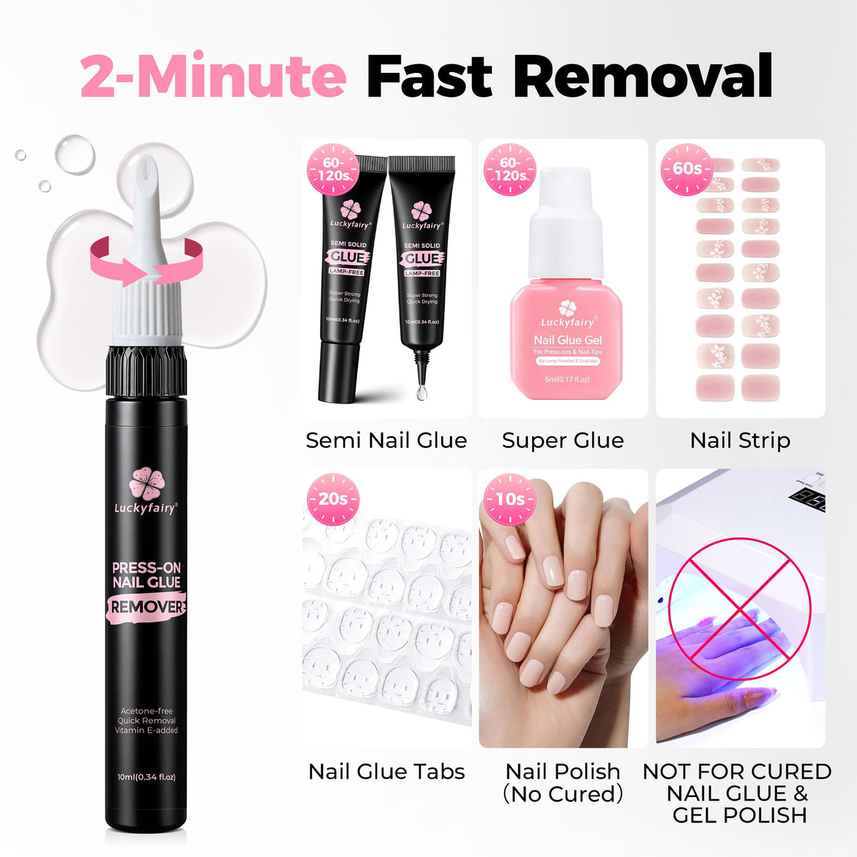 Luckyfairy press-on application with glue securing nail tip for long-lasting wear