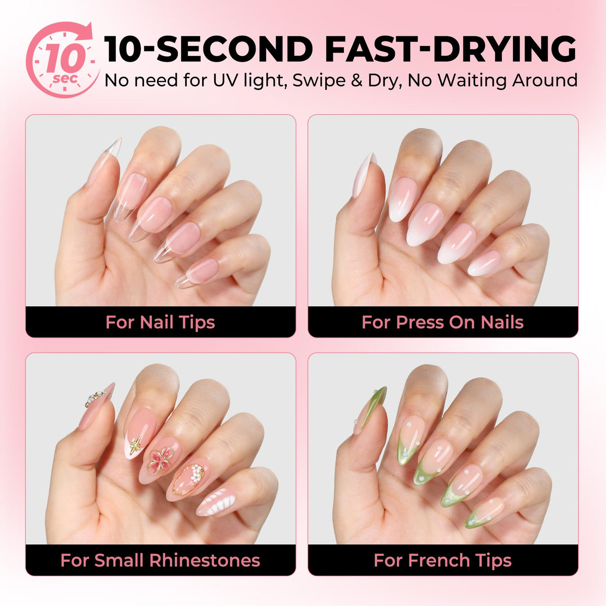 luckyfairy press-on nails application showing quick ten-second set benefit