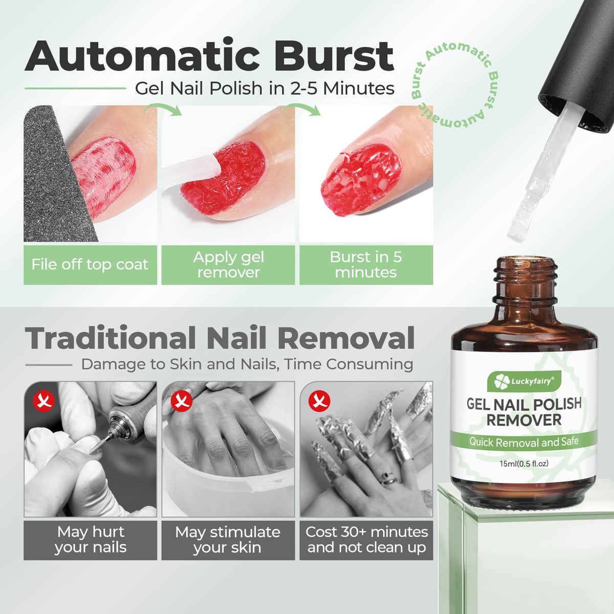 Luckyfairy remover bottle label emphasizing fast gel polish lift