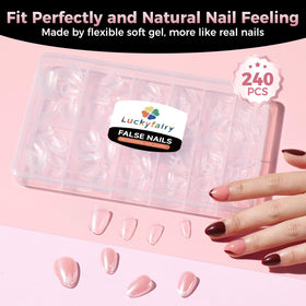 Luckyfairy hand showing scale and fit of the extra short almond tips