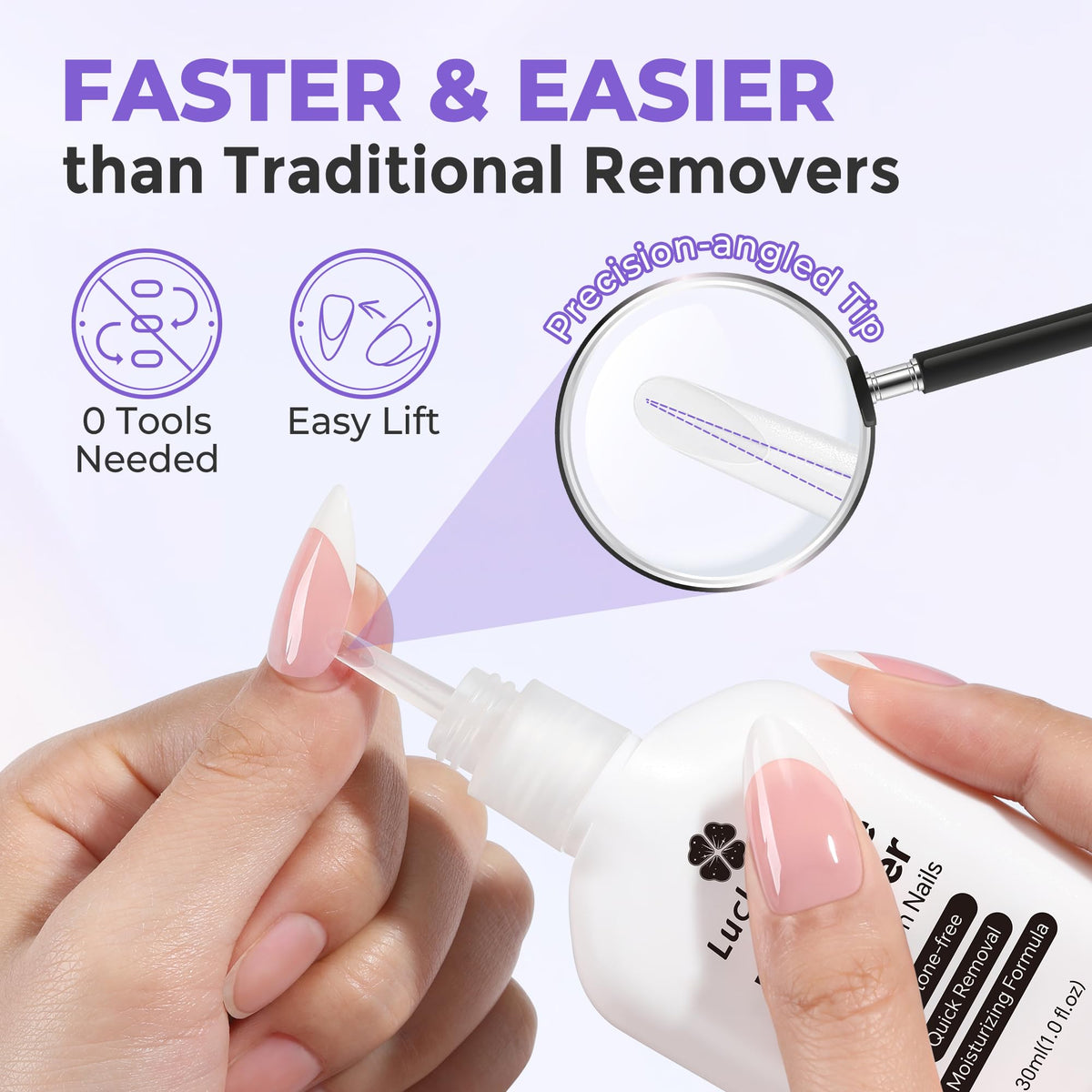 Luckyfairy remover texture pouring from nozzle illustrating non-acetone gentle formula